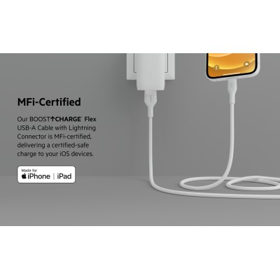 Кабель USB-A > Lightning заряджання/синхронізації Belkin 1м, силіконовий з кліпсою, білий (CAA008BT1MWH)