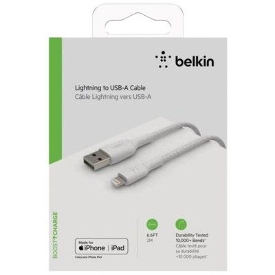 Кабель USB-A > Lightning заряджання/синхронізації Belkin 2м, 12Вт, плетений, білий (CAA002BT2MWH)
