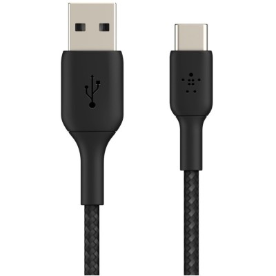Кабель USB-A > USB-C заряджання/синхронізації Belkin 2м, 15Вт, Type-C, плетений, чорний (CAB002BT2MBK)