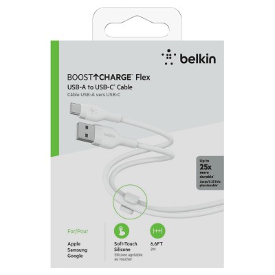Кабель USB-A > USB-C заряджання/синхронізації Belkin 2м, 15Вт, Type-C, силіконовий з кліпсою, білий (CAB008BT2MWH)