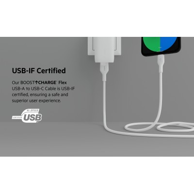 Кабель USB-A > USB-C заряджання/синхронізації Belkin 2м, 15Вт, Type-C, силіконовий з кліпсою, білий (CAB008BT2MWH)