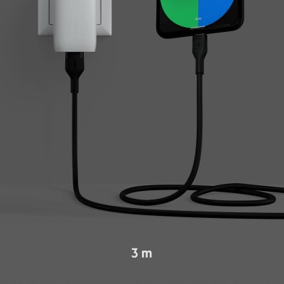 Кабель USB-A > USB-C заряджання/синхронізації Belkin 3м, 15Вт, Type-C, силіконовий з кліпсою, чорний (CAB008BT3MBK)