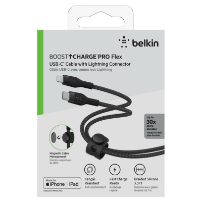 Кабель USB-C > Lightning заряджання/синхронізації Belkin 1м, Type-C, плетений, силіконовий, з ремінцем на магніті, чорний (CAA01 Кабель USB-C > Lightning заряджання/синхронізації Belkin 1м, Type-C, плетений, силіконовий, з ремінцем на магніті, чорний (CAA01