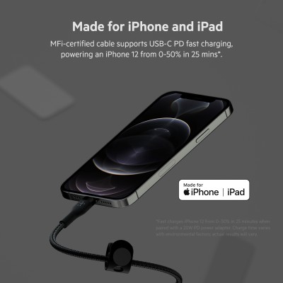 Кабель USB-C > Lightning заряджання/синхронізації Belkin 1м, Type-C, плетений, силіконовий, з ремінцем на магніті, чорний (CAA01 Кабель USB-C > Lightning заряджання/синхронізації Belkin 1м, Type-C, плетений, силіконовий, з ремінцем на магніті, чорний (CAA01