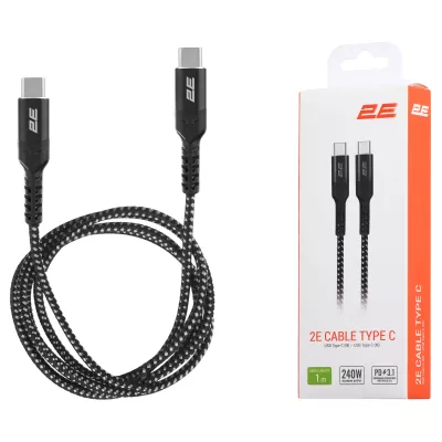 Кабель USB-C > USB-C заряджання/синхронізації 2E 1м, 240Вт Type-C, плетений, чорний (2E-CCCCAL-WH)