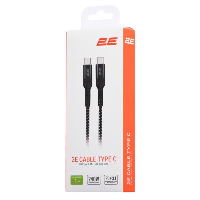 Кабель USB-C > USB-C заряджання/синхронізації 2E 1м, 240Вт Type-C, плетений, чорний (2E-CCCCAL-WH)