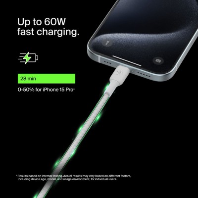 Кабель USB-C > USB-C заряджання/синхронізації Belkin 2м, 60Вт, Type-C, плетений, білий (CAB004BT2MWH)