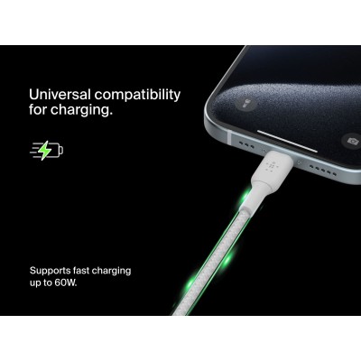 Кабель USB-C > USB-C заряджання/синхронізації Belkin 2м, 60Вт, Type-C, плетений, білий (CAB004BT2MWH)