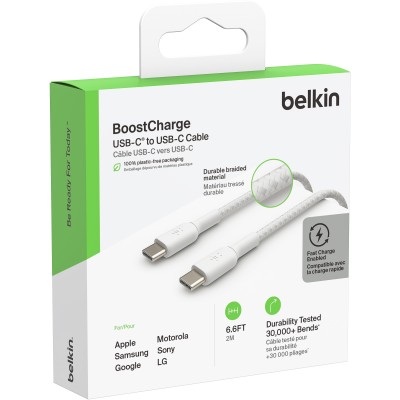 Кабель USB-C > USB-C заряджання/синхронізації Belkin 2м, 60Вт, Type-C, плетений, білий (CAB004BT2MWH)