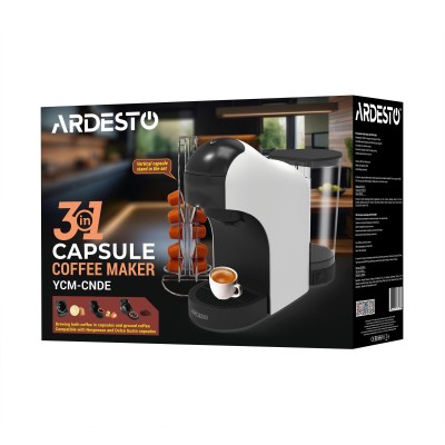 Кавоварка Ardesto капсульна, 0.8л, капсули Nespresso, Nescafe Dolce Gusto, мелена кава, сенсорне керування, білий (YCM-CNDE)