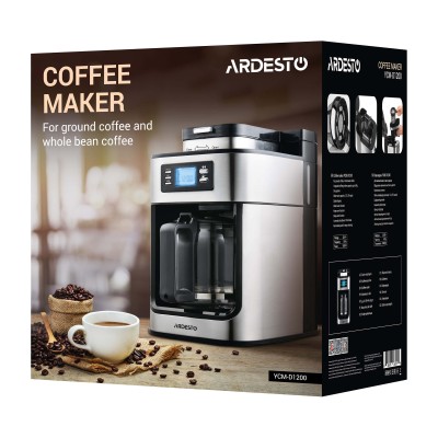 Кавоварка Ardesto крапельна Steel Collection 1.2л, зерно + мелена, дисплей, сріблясто-чорний (YCM-D1200)