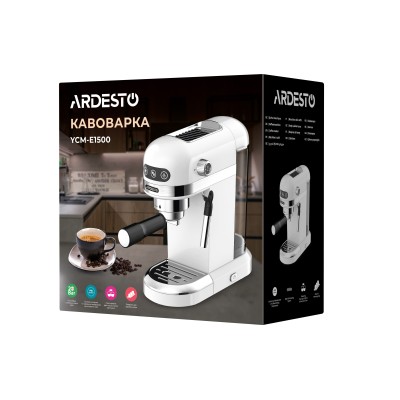 Кавоварка Ardesto ріжкова 1.4л, мелена, ручний капучинатор, підігрів чашок, білий (YCM-E1500)