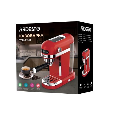 Кавоварка Ardesto ріжкова 1.4л, мелена, ручний капучинатор, підігрів чашок, червоний (YCM-E1501)