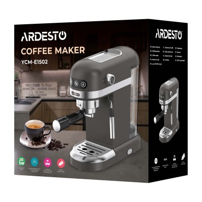 Кавоварка Ardesto ріжкова 1.4л, мелена, ручний капучинатор, підігрів чашок, чорний (YCM-E1502)