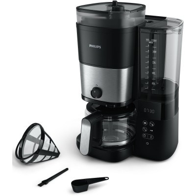 Кавоварка Philips крапельна All-in-1 Brew 1.25л, зерно + мелена, дисплей, підігрів кавника, кавомолка, чорний (HD7900/50)