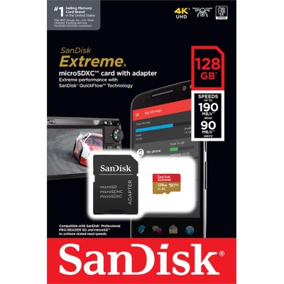 Карта пам'яті SanDisk microSD 128GB C10 UHS-I U3 R190/W90MB/s Extreme V30 + SD (SDSQXAA-128G-GN6MA)