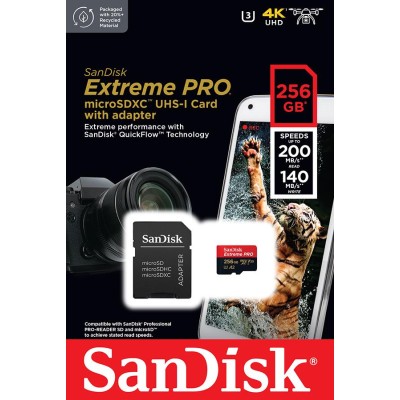 Карта пам'яті SanDisk microSD 256GB C10 UHS-I U3 R200/W140MB/s Extreme Pro V30 + SD (SDSQXCD-256G-GN6MA)