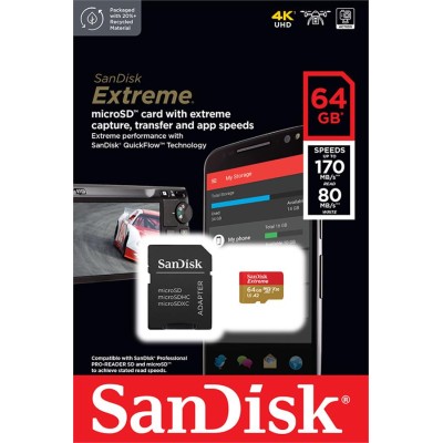 Карта пам'яті SanDisk microSD 64GB C10 UHS-I U3 R170/W80MB/s Extreme V30 + SD (SDSQXAH-064G-GN6MA)
