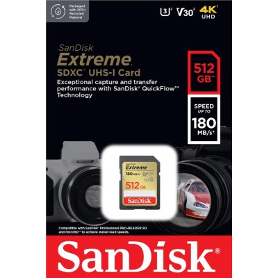 Карта пам'яті SanDisk SD 512GB C10 UHS-I U3 R180/W130MB/s Extreme V30 (SDSDXVV-512G-GNCIN)