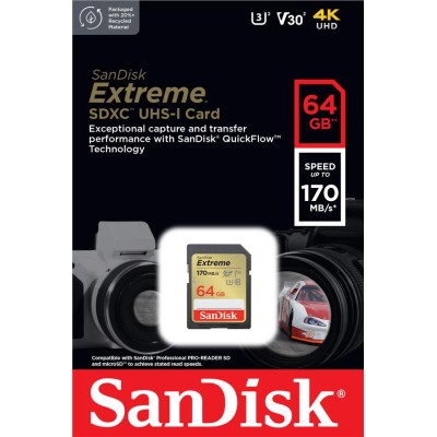 Карта пам'яті SanDisk SD 64GB C10 UHS-I U3 R170/W80MB/s Extreme V30 (SDSDXV2-064G-GNCIN)