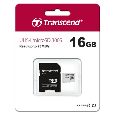 Карта пам'яті Transcend microSD 16GB C10 UHS-I R95/W10MB/s + SD (TS16GUSD300S-A)