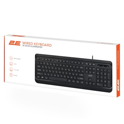 Клавіатура мембранна 2E KS120 104key, USB-A, EN/UK, White LED, чорний (2E-KS120UB_UA)