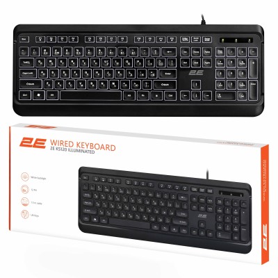 Клавіатура мембранна 2E KS120 104key, USB-A, EN/UK, White LED, чорний (2E-KS120UB_UA)