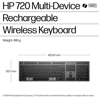 Клавіатура мембранна HP 720 Multi-Device Rechargeable, 109key, WL/BT, EN/UK, чорний (9T5B1AA)