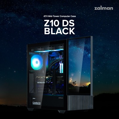 Корпус Zalman Z10 DS, без БЖ, 2xUSB3.0, 1хUSB Type-C, 2х120мм, 1x120мм ARGB, TG Side Panel, ATX, Monitor, чорний (Z10DSBLACK)