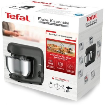 Кухонна машина Tefal Bake Essential 800Вт, чаша-метал, корпус-метал/пластик, насадок-4, чорний (QB161H38)