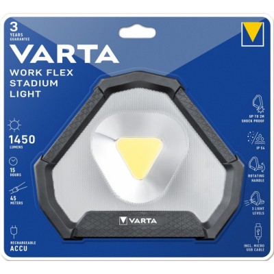 Ліхтар VARTA Інспекційний Work Flex Stadium, IP54, до 1450 люмен, до 45 метрів, 3 режими, передзаряджаємий ліхтар, Micro-USB (18