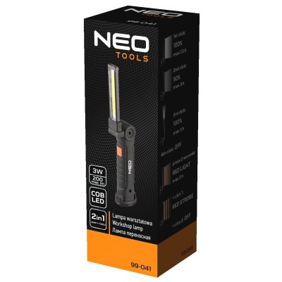 Ліхтар інспекційний акумуляторний Neo Tools, 1200мА•год, 200лм, 3Вт, 2в1, лампа+ліхтар, складається, 5 функцій освітлення, черво