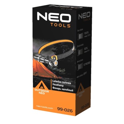 Ліхтар налобний акумуляторний Neo Tools, 1200мА•год, 800лм, 10Вт, 3 функції освітлення, IP20 (99-026)