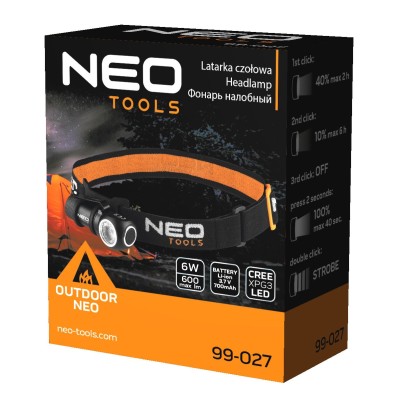 Ліхтар налобний акумуляторний Neo Tools, 700мА•год, 600лм, 6Вт, 4 функції освітлення, IPX4 (99-027)