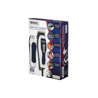 Машинка для стрижки WAHL ColorPro Combo, від мережі, вібраційний мотор, насадок-8, кейс, міні триммер у компл., сталь, біло-сині