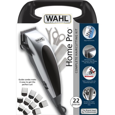Машинка для стрижки WAHL HomePro, від мережі, вібраційний мотор, насадок-8, кейс,ножиці, гребінець в компл, сталь, чорно-срібляс