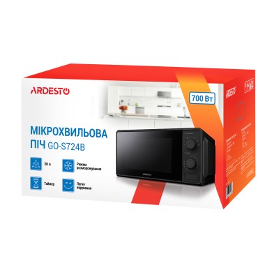Мікрохвильова піч ARDESTO, 20л, мех.управл., 700Вт, відкр.кнопкою, чорний (GO-S724B) Мікрохвильова піч ARDESTO, 20л, мех.управл., 700Вт, відкр.кнопкою, чорний (GO-S724B)