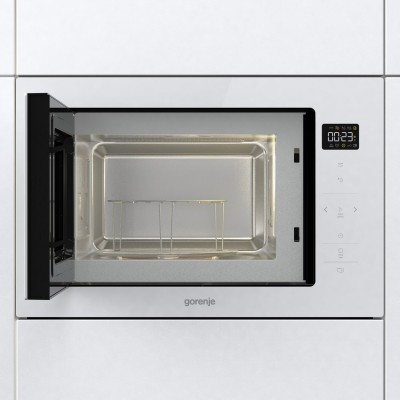 Мікрохвильова піч Gorenje вбудовувана, 25л, електр. управл., 900Вт, гриль, дисплей, приготування на кількох рівнях, білий (BM251