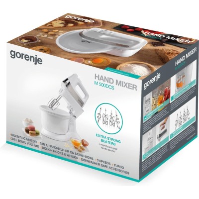 Міксер Gorenje стаціонарний 500Вт, насадки-4, чаша-пластик, 3л, білий (M500DCS)