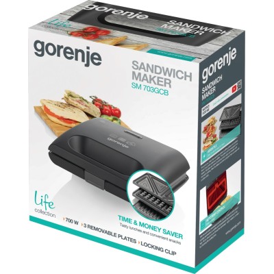 Міні-гриль Gorenje 700Вт, алюміній, 1 пластина-гриль , корпус-пластик, чорний (SM703GCB)