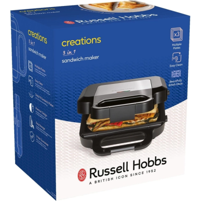 Мультимейкер Russell Hobbs, 750Вт, комплект-3 пластини, алюміній, корпус-нержав.сталь, пластик, чорний-срібний (26810-56)