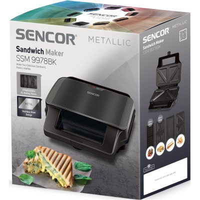 Мультимейкер Sencor, 900Вт, комплект-4 пластини, алюміній, корпус-нержав.сталь, пластик, чорний (SSM9978BK)