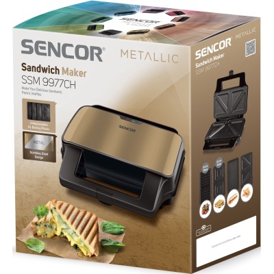 Мультимейкер Sencor, 900Вт, комплект-4 пластини, алюміній, корпус-нержав.сталь, пластик, чорний-шампань (SSM9977CH) Мультимейкер Sencor, 900Вт, комплект-4 пластини, алюміній, корпус-нержав.сталь, пластик, чорний-шампань (SSM9977CH)