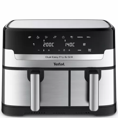 Мультипіч Tefal Dual EasyFry&Grill AirFryer, 2700Вт, чаша-5.2+3.1л, сенсорне керув., 2 чаши, гриль, пластик, сіро-чорний (EY905D