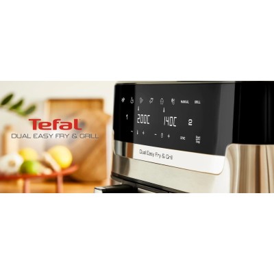 Мультипіч Tefal Dual EasyFry&Grill AirFryer, 2700Вт, чаша-5.2+3.1л, сенсорне керув., 2 чаши, гриль, пластик, сіро-чорний (EY905D