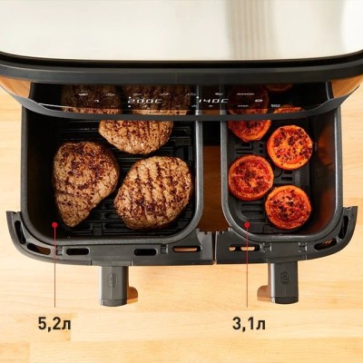 Мультипіч Tefal Dual EasyFry&Grill AirFryer, 2700Вт, чаша-5.2+3.1л, сенсорне керув., 2 чаши, гриль, пластик, чорний (EY905B10)