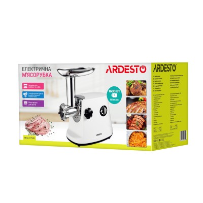 М'ясорубка Ardesto, 1600Вт, 1.6кг/хв, 3 решітки, насадка для ковбас, кеббе, 3 терки, пластик, біло-сріблястий (MGA-1750R) М'ясорубка Ardesto, 1600Вт, 1.6кг/хв, 3 решітки, насадка для ковбас, кеббе, 3 терки, пластик, біло-сріблястий (MGA-1750R)