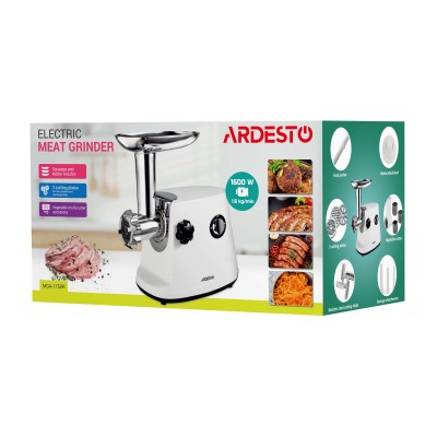 М'ясорубка Ardesto, 1600Вт, 1.6кг/хв, 3 решітки, насадка для ковбас, кеббе, 3 терки, пластик, біло-сріблястий (MGA-1750R) М'ясорубка Ardesto, 1600Вт, 1.6кг/хв, 3 решітки, насадка для ковбас, кеббе, 3 терки, пластик, біло-сріблястий (MGA-1750R)