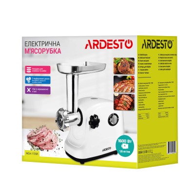 М'ясорубка Ardesto, 1600Вт, 1.6кг/хв, 3 решітки, насадка для ковбас, кеббе, пластик, білий (MGA-1735R) М'ясорубка Ardesto, 1600Вт, 1.6кг/хв, 3 решітки, насадка для ковбас, кеббе, пластик, білий (MGA-1735R)