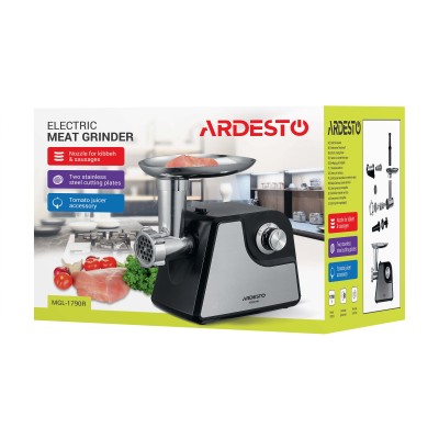 М'ясорубка Ardesto, 1700Вт, 1.6кг/хв, 2 решітки, насадка для ковбас, кеббе, томатів, пластик/метал, чорно-срібний (MGL-1790R) М'ясорубка Ardesto, 1700Вт, 1.6кг/хв, 2 решітки, насадка для ковбас, кеббе, томатів, пластик/метал, чорно-срібний (MGL-1790R)